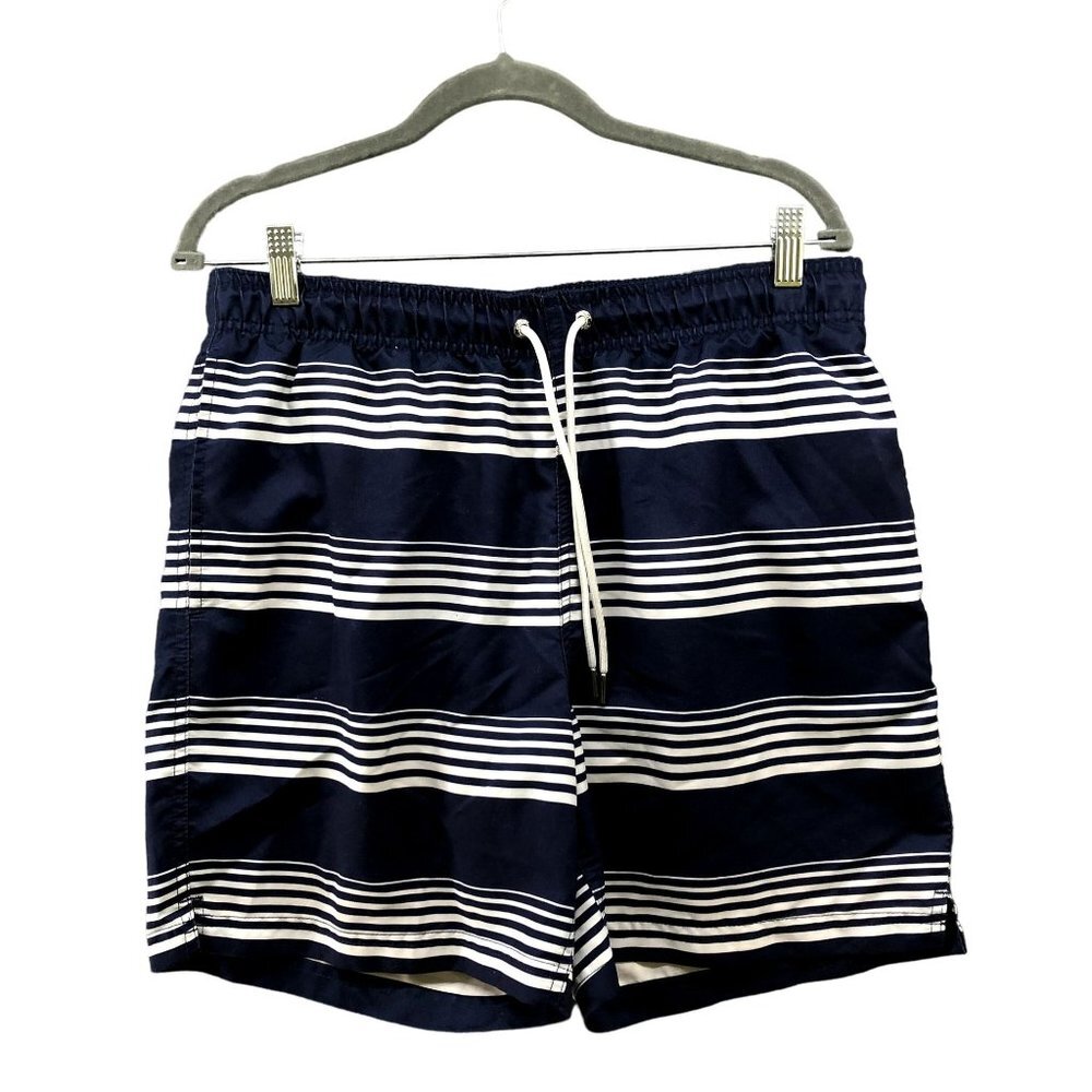 Lands' End Swim Trunks Mens Medium M Navy Blue‎ Striped Drawstring Mesh Lined